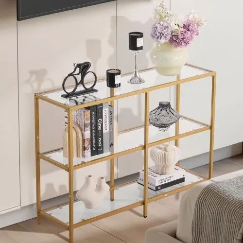 3-Tier Glass Console Table, Modern Rectangle Sofa Side Table with Tempered Glass Top and Iron Legs, Golden Consloe Desk with Anti-Tip Device for Living Room, Hallway, Entryway, Foyer, Golden