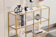3-Tier Glass Console Table, Modern Rectangle Sofa Side Table with Tempered Glass Top and Iron Legs, Golden Consloe Desk with Anti-Tip Device for Living Room, Hallway, Entryway, Foyer, Golden