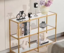 3-Tier Glass Console Table, Modern Rectangle Sofa Side Table with Tempered Glass Top and Iron Legs, Golden Consloe Desk with Anti-Tip Device for Living Room, Hallway, Entryway, Foyer, Golden