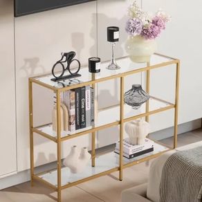 3-Tier Glass Console Table, Modern Rectangle Sofa Side Table with Tempered Glass Top and Iron Legs, Golden Consloe Desk with Anti-Tip Device for Living Room, Hallway, Entryway, Foyer, Golden