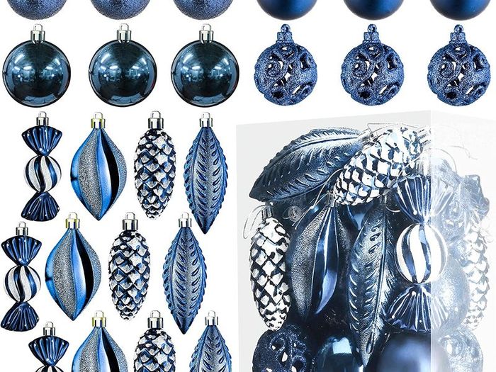 Midnight Blue Christmas Ball Ornaments for Christmas Decoration Baubles-24 Pieces Xmas Tree Shatterproof Ornaments with Hanging Loop for Holiday and Party Decoration(Combo 8 Ball and Shaped Styles)