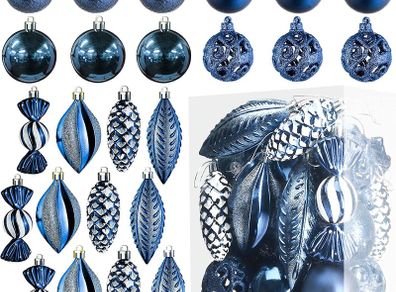 Midnight Blue Christmas Ball Ornaments for Christmas Decoration Baubles-24 Pieces Xmas Tree Shatterproof Ornaments with Hanging Loop for Holiday and Party Decoration(Combo 8 Ball and Shaped Styles)