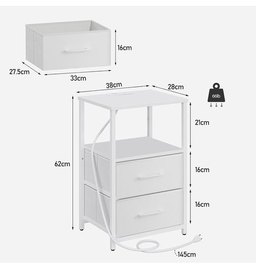 Bedside Table with Charging Station, Side Table with 2 USB Ports and Outlets, Nightstand with Cloth Drawer, Set of 2, End Table, White