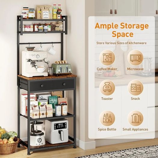 Coffee Bar Station, 6-Tier Coffee Stand with Storage and Drawers, Kitchen Corner Bakers Rack Microwave Stand with Metal Wire Panel & Hooks, Utility Storage Shelf for Small Spaces, Living Room
