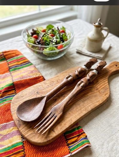 Vintage African Hand-Carved Wooden Salad Servers (Pair)