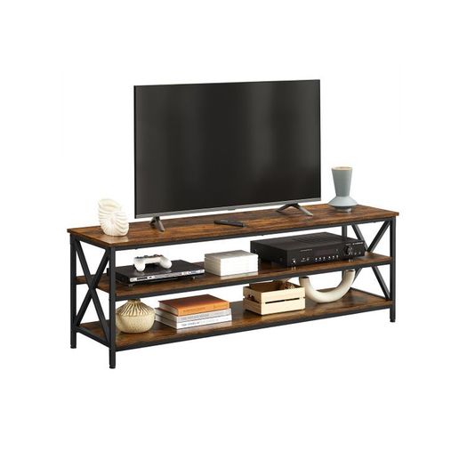 TV cabinet, lowboard for TVs up to 65 inches, 147 x 40 x 50 cm, TV table with open compartments, X-shaped struts, industrial design, vintage brown-black