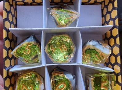 D&D Resin Dice Set, Premium Green & Gold Glitter, and dice pad