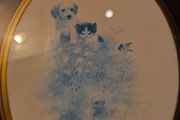 GIORDANO Print Dog Cat Oval Wooden frame Vintage Wall hanging