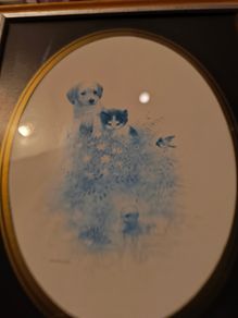 GIORDANO Print Dog Cat Oval Wooden frame Vintage Wall hanging