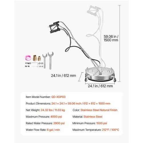 24" Pressure Washer Surface Cleaner, Stainless Steel Pressure Washer Attachments with 4 Wheels, 4000 Max PSI, 3/8 Quick Connector, 2 Spray Nozzles