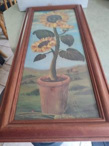 Lovely Framed Print Signed W . Darker - 1899 Sunflower Floral Print In Tall Pine Wood Frame.