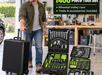 1400 Piece Tool Box Trolley Set With Wheels and Tools Included