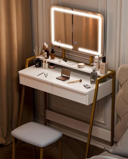 Vanity Dressing Table Set with 3 Color Adjustable Brightness LED Lights, 2 Large Storage Drawers and Metal Frame for Bedroom, White and Gold