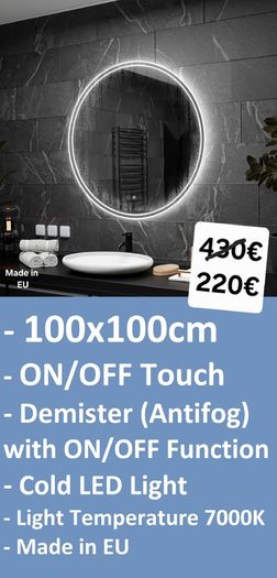 LED Bathroom Mirror Defogger Fog Free Demister 100cm Round Touch Switch