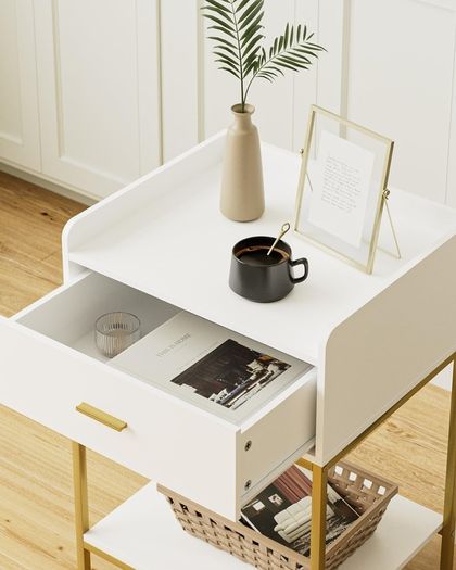 Bedside Table, 3-Tier Bedside Cabinet with Storage Drawer and Open Shelf, Small End Side Table with Gold Legs for Bedroom, Living Room, White Large