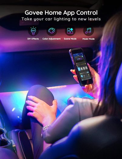 Govee RGBIC Interior Car Lights with App Control, Segmented Colour, 2-Line Design Lighting Kit, DIY Effects, Music and 30 Scene Modes for Cars, Trucks