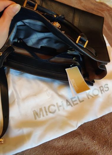 Michael Kors Nouveau Hamilton Medium Zip Satchel Crossbody Navy Faux leather