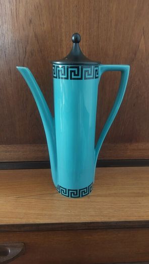 Fabulous Rare and Highly Prized Portmeirion Greek Key Tall Cylinder Coffee Pot in the Very Rare Turquoise and Black Colourway from 1967 - A Mid-Century Modern Design Classic in Mint Condition