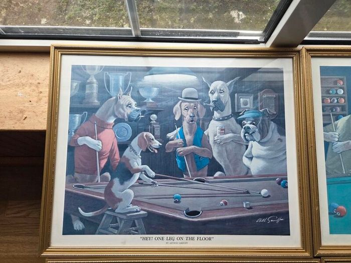 3 x Vintage prints Dogs playing snooker Arthus Sarnoff Pool set of 3