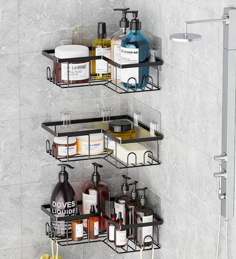 Shower Caddy, Black, 3-Pack | Rustproof, No Drilling, Bathroom Shelf, With Hooks