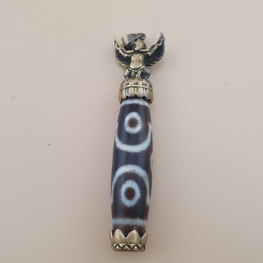 Vintage 6 Eyes Hiamalyan Tibetan Agate Bead Brass Pendant
