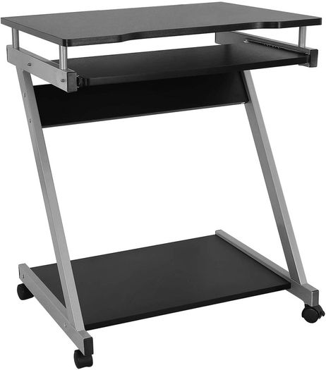 _desk, computer table with 4 castors, 2 of them with brakes, PC table, easy-to-use keyboard pull-out, easy assembly, space-saving PC table in Z-shape, black
