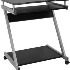 _desk, computer table with 4 castors, 2 of them with brakes, PC table, easy-to-use keyboard pull-out, easy assembly, space-saving PC table in Z-shape, black