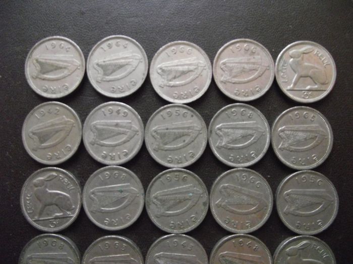 30 Irish 3 pence coins (1942-1968)