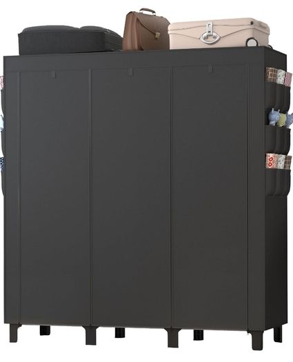 Portable Closet with 2 Hanging Rails & 8 Shelves, Bedroom Wardrobe with 18 Side Pockets, Foldable Garment Organiser (Black