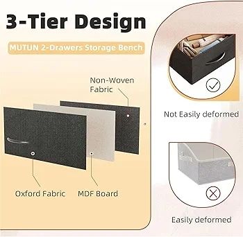 Shoe Bench with Cushion, Storage Bench with Padded Seat, 2 Drawer and Open Compartments, for Entryway, Hallway, Living Room, Black