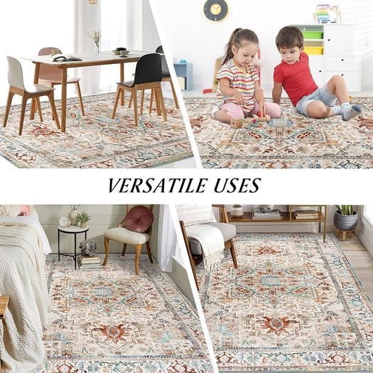 Oriental Large Rugs for Living Room 200x290cm Non-Slip Bedroom Rugs Machine Washable Area Carpet Low Profile Floor Carpet Mat for Indoor Kitchen Dinning Room Playroom(Beige