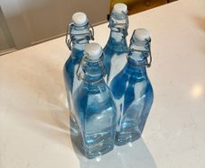 4 x Blue Glass Square 30cm Tall Bottles / Decanter With Swing Top Stopper