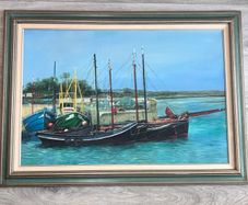 Large Framed Painting - Ships at the Harbour - 43in x 31in