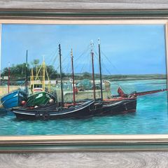 Large Framed Painting - Ships at the Harbour - 43in x 31in