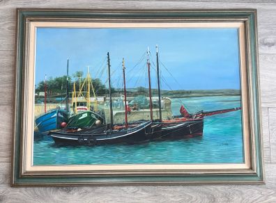 Large Framed Painting - Ships at the Harbour - 43in x 31in