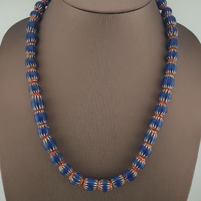 Antique Venetian Style Blue Chevron Glass Beads Necklace Strand