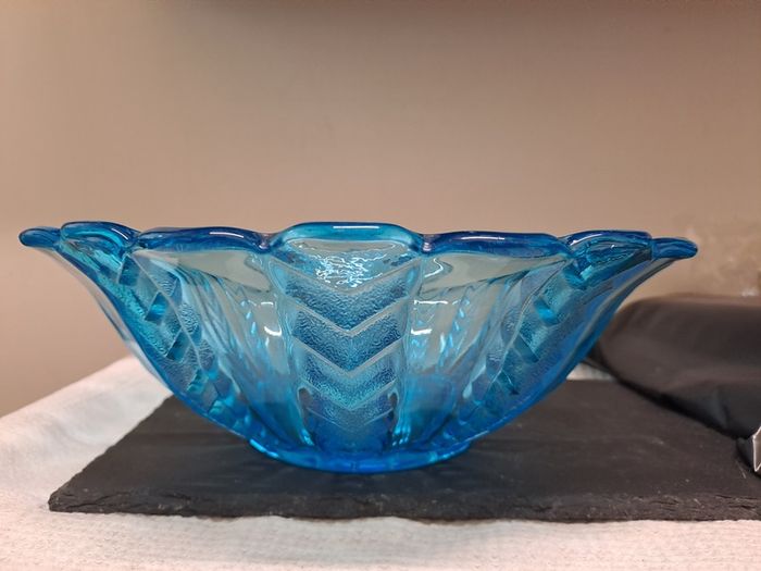 Vintage Blue Pressed Glass Fruit Bowl