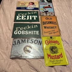8 metal vintage style advertising book signs. includes Kellog's, Guinness , Colman's.Jameson,Bushmills