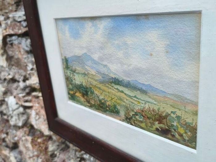 Original Watercolor Countryside Landscape Painting in Dark Wood Frame (Matted)