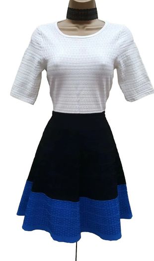 Karen Millen Black, Blue and White Knit Skater Dress
