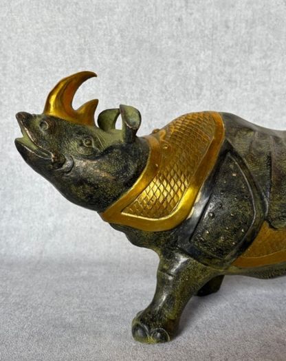 Vintage Chinese Rhinoceros (42cm/7kg) - Bronze With Gilt Accents, Stamped