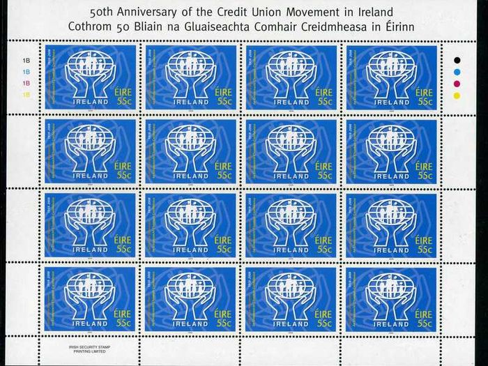 2008 Ireland 50th Anniversary of the Credit Union Movement in Ireland Stamp Sheetlet Plate 1B1B1B1B Mint Never Hinged (MNH)