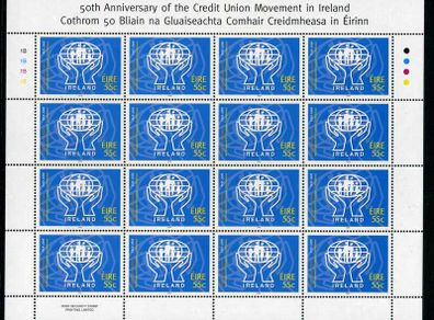 2008 Ireland 50th Anniversary of the Credit Union Movement in Ireland Stamp Sheetlet Plate 1B1B1B1B Mint Never Hinged (MNH)