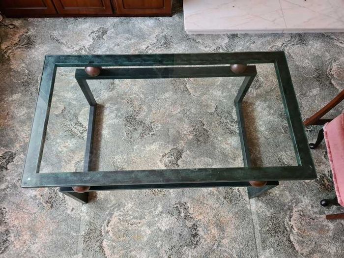 Glass & dark green metal coffee Table