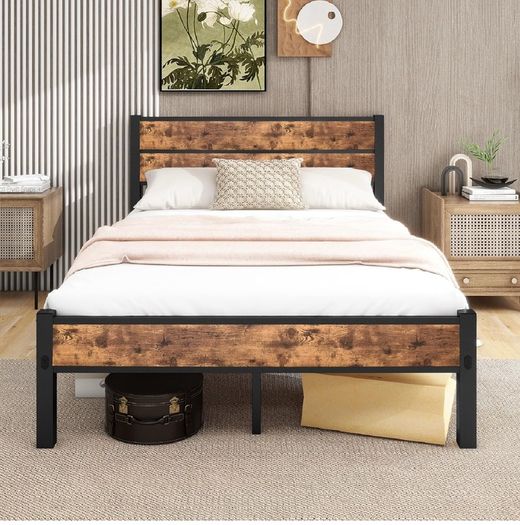 Bed Frame with Wooden Headboard and Footboard