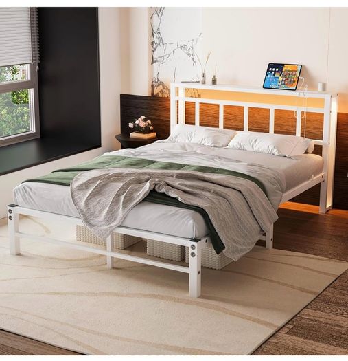 Double Bed Frame with Storage Headboard,4ft6 Bed Frame Double Bed Base with Charging Station and LED Lights,Metal Platform Double Bed 135x190,Mattress Base No Box Spring Needed,No Noise,White