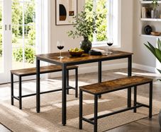 Dining Table Kitchen Table Set 110 x 70 x 75 cm with 2 Benches 97 x 30 x 50 cm Metal Frame Kitchen Living Room Dining Room Industrial Design