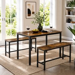 Dining Table Kitchen Table Set 110 x 70 x 75 cm with 2 Benches 97 x 30 x 50 cm Metal Frame Kitchen Living Room Dining Room Industrial Design