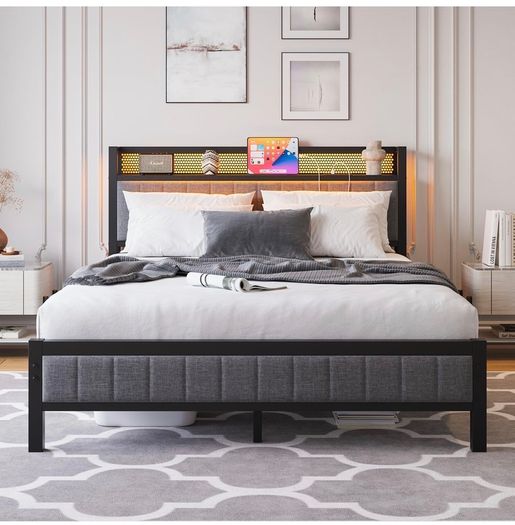 King Size Bed Frame with Upholstered Headboard, Wooden Storage Headboard Shelf, 5ft Upholstered Bed Frame Kingsize with Charging Station/USB Ports and LED Lights (Gray King Bed)
