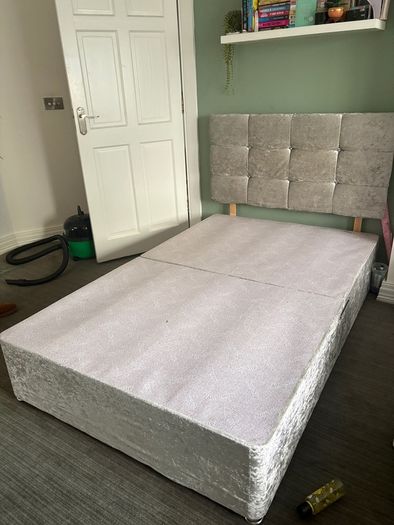 Silver Crushed Velvet Large Single Bed with Matching Headboard